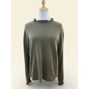 Garnet Hill 100% Cashmere Olive Sweater with Ruffle Neck and Sleeve, Size M